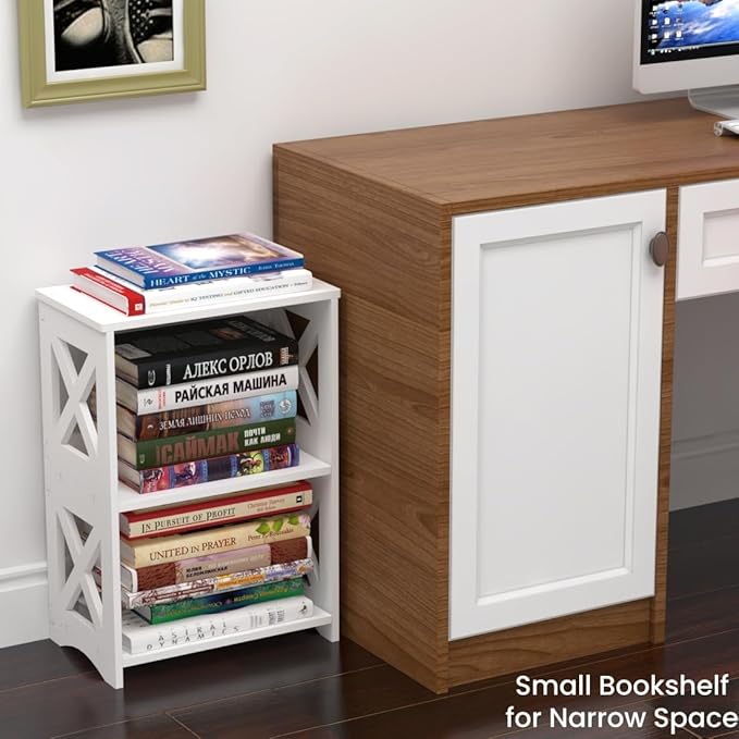 LUCKNOCK Narrow Side Table with Storage, 3-Tier Slim Nightstand for Small Spaces, White Modern End Table, Bedside Table, Bookshelf for Living Room, Bedroom, Bathroom and Office.