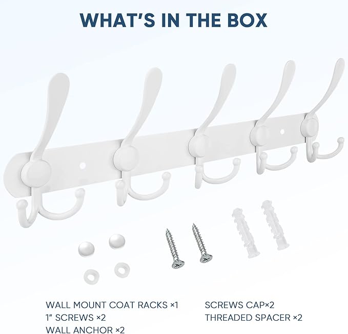 TICONN Wall Mounted Coat Rack, Five Heavy Duty Tri Hooks All Metal Construction for Jacket Coat Hat in Mudroom Entryway (White, 1-Pack)