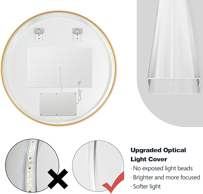 Niccy Round Led Mirror for Bathroom, 28" Backlit Mirror for Wall Circle Lighted Mirror with Gold Frame Anti-Fog, 3 Colors, HD Glass and IP65 Waterproof
