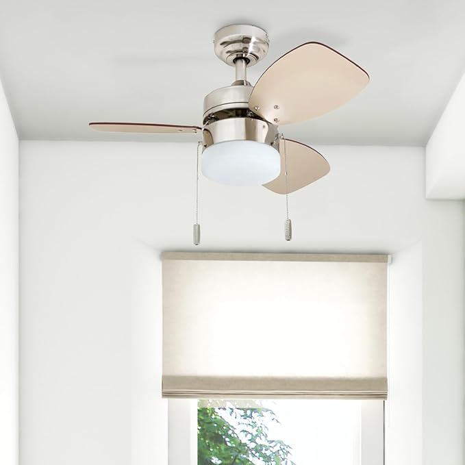 Honeywell Ceiling Fans Ocean Breeze Modern 30 Inch Ceiling Fan with Light, Pull Chain LED Indoor Fan with 3 Blades, Satin Nickel and Light Oak Blade Finish Options, Brushed Nickel (50601-01)