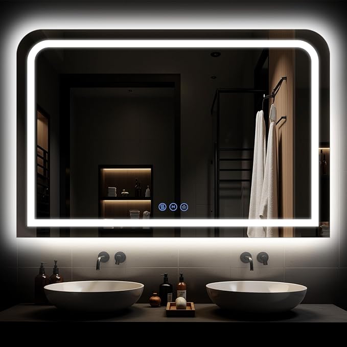 LED Bathroom Mirror, 48"x 32" LED Mirror with Lights for Bathroom, Lighted Vanity Mirrors for Wall, Anti-Fog, Dimmable, Tempered Glass, Memory Function, 3 Colors, Safe Use (White)