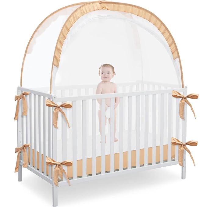 Pop Up Baby Crib Tent, Safety Tent to Keep Toddler from Climbing Out, Canopy Against Falls and Bites, Netting with Breathable & Soft Mesh, Orange (R07-orange)