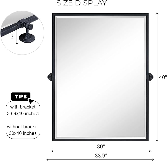 TEHOME Pivot Mirror Matte Black Bathroom Mirror Squared Edge Rectangle Tilting Beveled Vanity Mirrors for Wall, Overall 33.9 x 40 inches (Mirrror 30 x 40 inches)