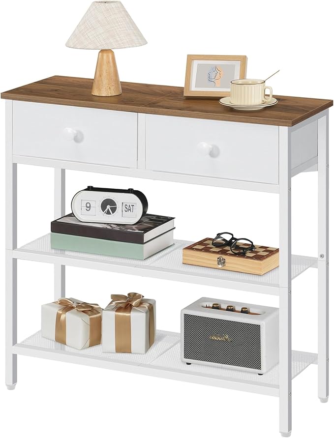 HOOBRO 29.5" Narrow Console Table with 2 Fabric Drawers, Sofa Table, Small Entryway Table with 3-Tier Storage Shelves, Behind Couch Table, for Living Room, Hallway, Walnut and White WH72XG01