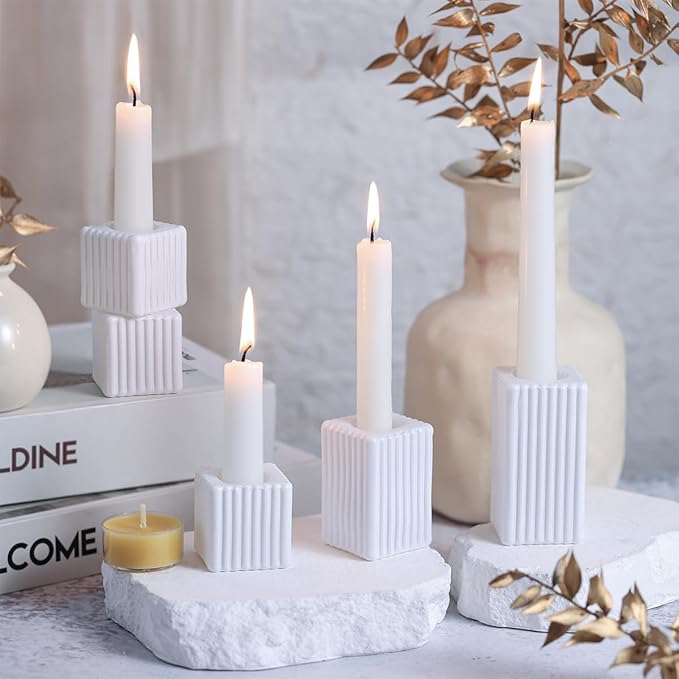 LETINE 12pcs White Vertical Stripe Glass Candlestick Holders - Modern Farmhouse Taper Candle Sticks Holder Set for Elegant Dining & Home Decor,Ideal Candle Holders for Wall, Living Room Decor
