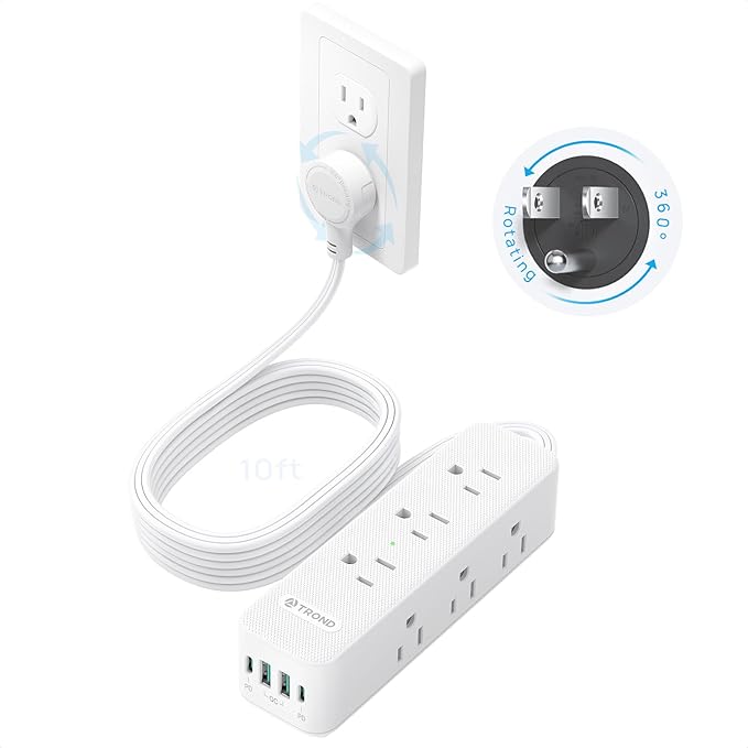 TROND 360° Rotating Flat Plug Power Strip with USB PD 20W, 10FT Flat Extension Cord Surge Protector 1300J with 9 Outlets 4 USB Ports, Wall Mountable, for Home Office Travel Dorm Room Essentials, White