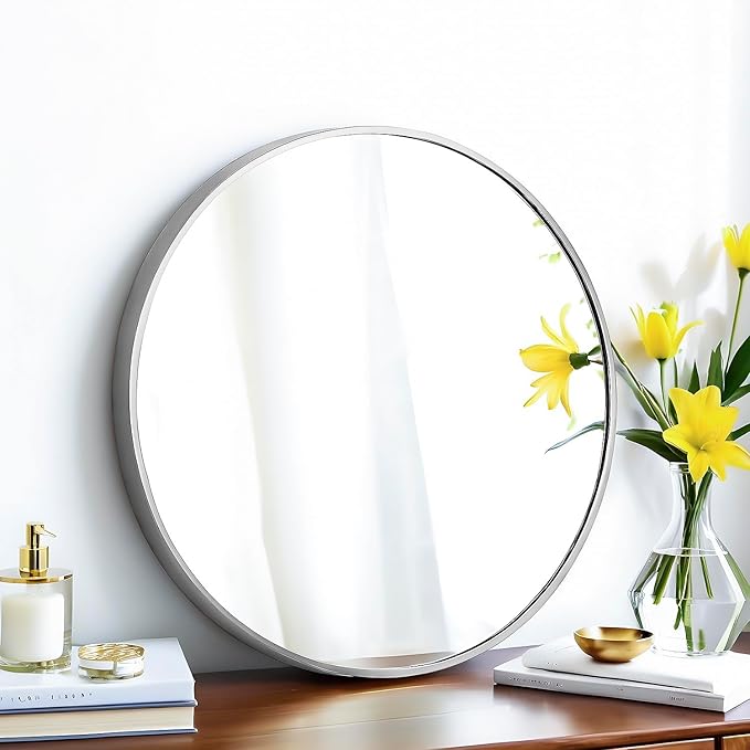 20" Round Mirror Circle Wall Mounted Hanging or Against Wall Metal Frame Dressing Make-up Mirrors for Entryway Bedroom Bathroom Living Room 20 inch Silver