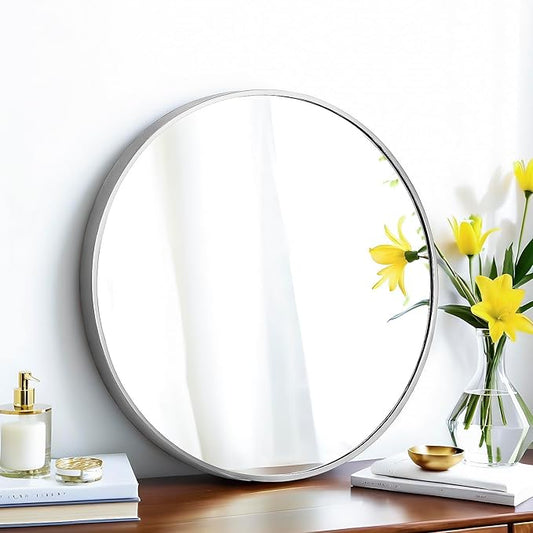 20" Round Mirror Circle Wall Mounted Hanging or Against Wall Metal Frame Dressing Make-up Mirrors for Entryway Bedroom Bathroom Living Room 20 inch Silver