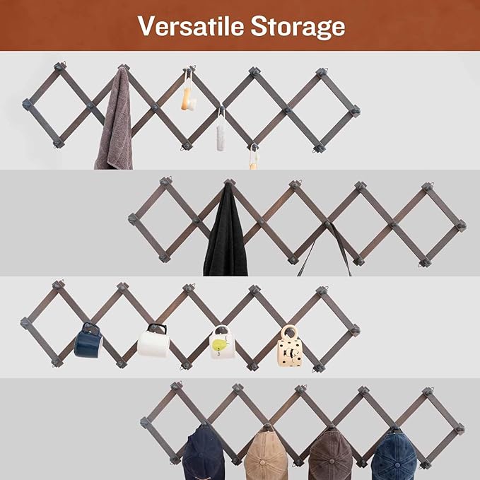 Rustic Wall Mounted Hat Rack with Space Saving Accordion Design, Expandable Hat Holder with 16 Wood Hooks, Modern Farmhouse Wall Hanger for Mug, Coat, Bags(Shabby Grey)