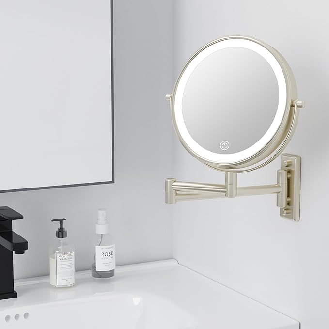 Rechargeable Lighted Makeup Mirror, 10x Magnifying Mirror, 3 Color Lights, Touch Screen Dimming, 360° Extendable Arm Wall Mounted Mirror for Bathroom Shaving (Brushed Nickel)