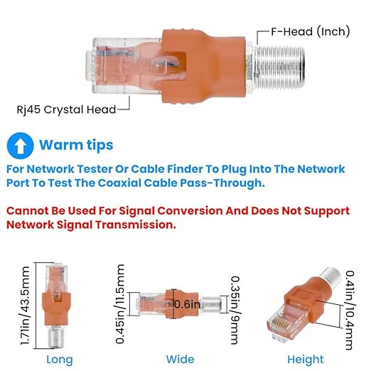 2PCS F-Type Female to RJ45 Male Coaxial Converter Ethernet Adapter, Coax Straight Connector for Cable Line Tester Monitor Digital Signal Compatible, Orange