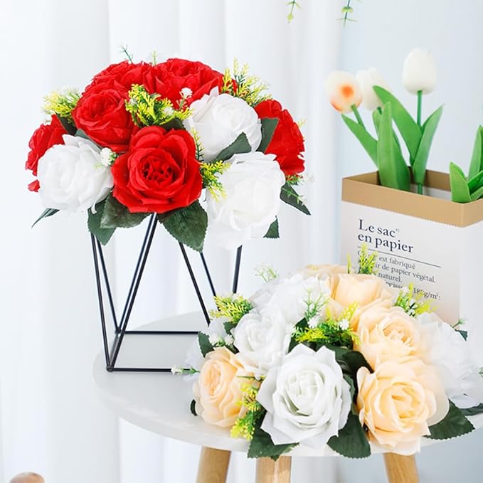 10Pcs Artificial Flower Ball Arrangement, 15 Flower Heads Wedding Roses Bouquet with Base Suitable for Parties Valentine's Day Wedding Centerpieces and Home Decor (Champagne & White)