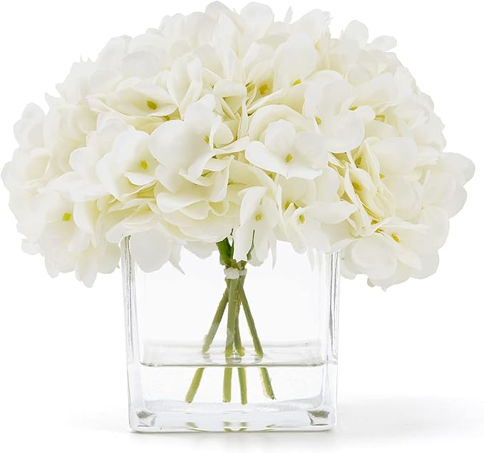 Silk Hydrangea Artificial Flowers in Vase with Faux Water, Silk Flower Arrangements in Vase for Wedding, Dining Table, Living Room (Cream White)