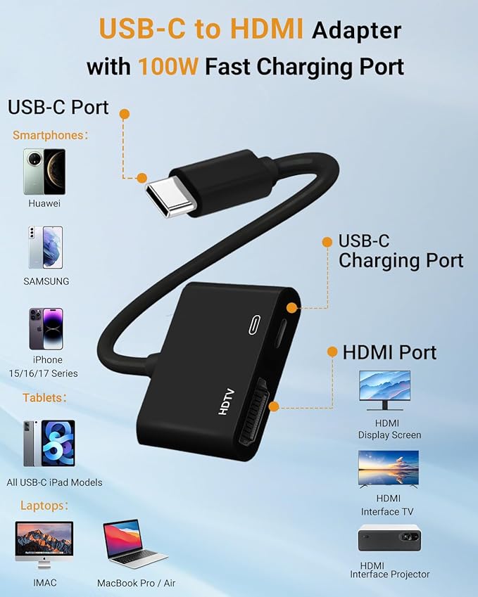 USB C to HDMI Adapter, Type C to 4K HDMI Adapter with 100W PD Multiport Digital AV Converter for MacBook Pro/air, iPad Pro/air, iPhone 15/16/17, Tablets, Switch and More USB-C Devices