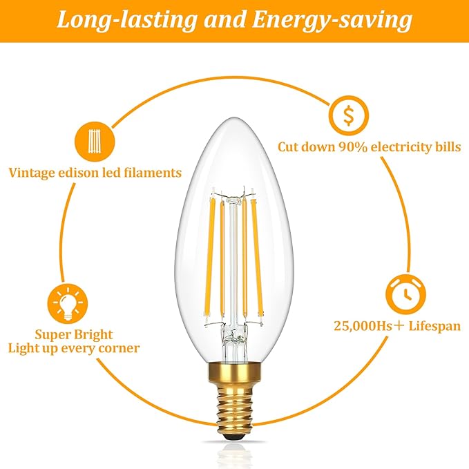 Brightever E12 Candelabra LED Light Bulbs 60W Equivalent, 2700K Soft White, 620Lumens 6W LED Chandelier Bulb, B11 Filament Clear Candle Light Bulbs Dimmable, Pack of 12 Small Base Bulbs