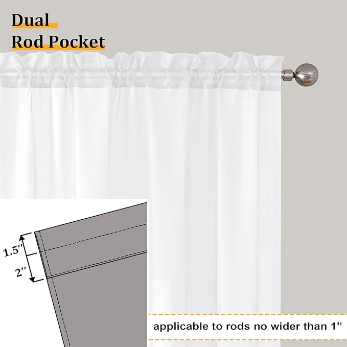 Aiyufeng 108 Inch White Sheer Window Curtains for Farmhouse, Rod Pocket Voile Window Treatment Vertical Panels for Study Room/Bedroom/Living Room, White, W59 x L108, 2 Panels