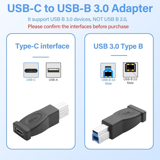 U S B Type C to B 3.0 Adapter USB-B Male to C Female Printer Convert Adapter,Type C to USB B Compatible with Printer,Scanner,External Hard Drivers Laptops and More Type-c Devices 2pcs