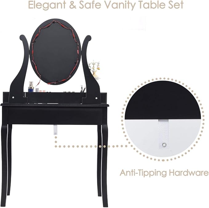 CHARMAID Makeup Vanity Table with Lighted Mirror, Vanity Desk with 10 LED Lights, Adjustable Brightness, 5 Drawers and Removable Storage Organizer, Bedroom Dressing Table with Stool (Black)