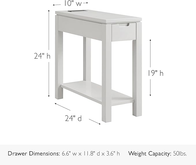 Leick Home Cade Wood Side Table with Drawer, AC & USB Outlet, Floating Top Design, Solid Wood, Storage Shelf, Compact for Small Spaces, 24 in D x 10 in W x 24 in H, Gray, 9080-GR