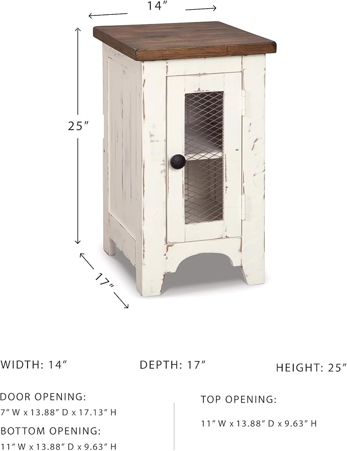 Signature Design by Ashley Wystfield Farmhouse Chair Side End Table with Cabinet Door for Storage, White & Brown with Distressed Finish