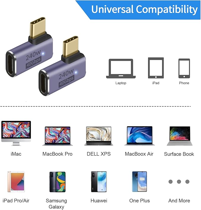 USB C 90 degree, Right Angle Adapter,USB C Female to Female Adapter240W PD, 40Gbps and 8K video]supports Thunderbolt 4/3 cable for laptops, tablets and phones (2 packs) (90 degree usb c adapter)