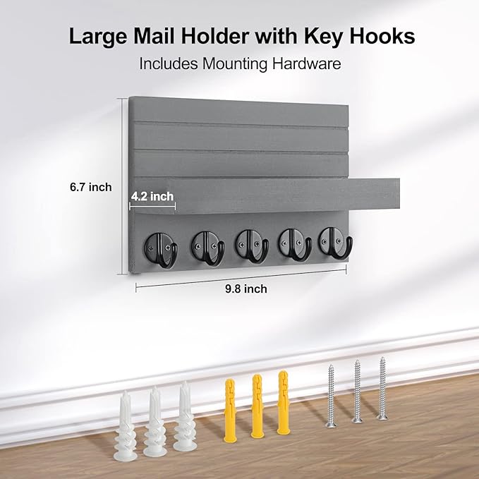 Key Holder for Wall, Decorative Key and Mail Holder with Shelf Has Large Key Hooks for Bags, Coats, Umbrella – Paulownia Wood Key Hanger with Mounting Hardware (9.8”W x 6.7”H x 4.2”D)