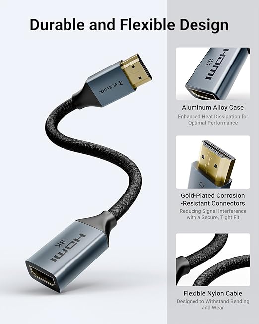 VCELINK 8K Short HDMI Extender Cable 0.6 FT Male to Female, HDMI Extension Cable Support 8K@60Hz, 4K@120Hz/144Hz, HDCP 2.2/2.3, Compatible with Roku TV Stick, HDTV, Game Console, Laptop, 2 Pack