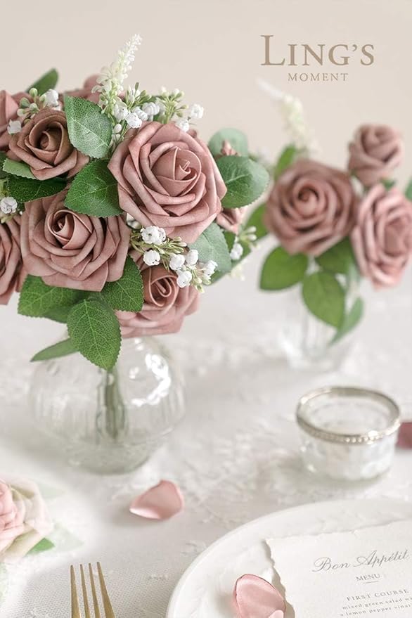 Ling's moment Artificial Flowers 25Pcs Dusty Rose Roses Decor w/Stems,3" Real Touch DIY Foam Floral for Wedding Bouquet/Centerpieces, Outdoors Party Backdrop, Room/Table, and Garden/Pot Decorations