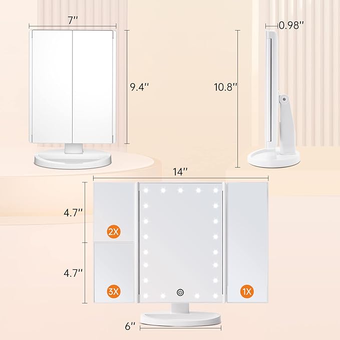 FASCINATE Trifold Vanity Mirror with Lights, Lighted Makeup Mirror 2X/3X Magnification, 21 LED Touch Dimming, Dual Power 180° Rotation Lit Beauty Table Mirror, Make up Mirror with Lighting