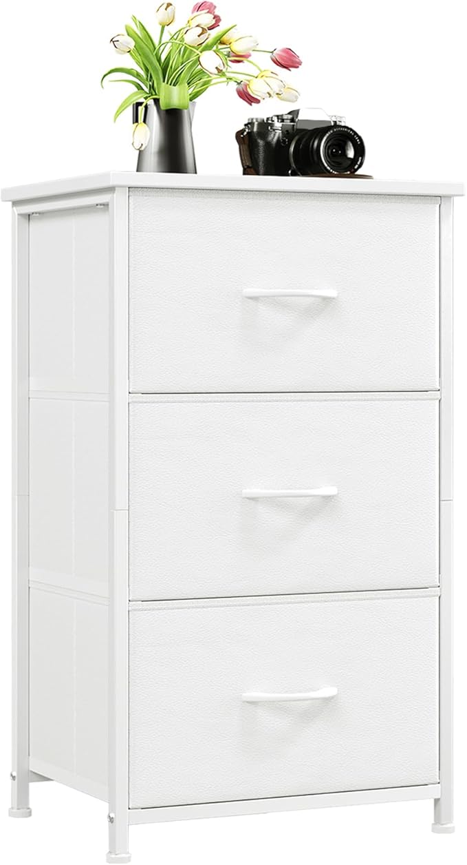 Somdot Dresser for Bedroom with 3 Drawers, Storage Organizer Chest of Drawers with Removable Fabric Bins for Closet Bedside Living Room Laundry Entryway Hallway, White Leather