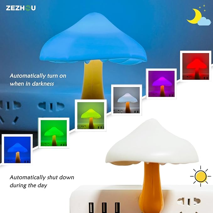Night Lights Plug into Wall - 2-Pack Sensor LED Mushroom Light, Magic 7 Color Changing Cute Dream Bed Mushroom Lamp for Kids Adults Living Room Bedroom Kitchen, Bathroom Toilet, Stair Hallway Corridor