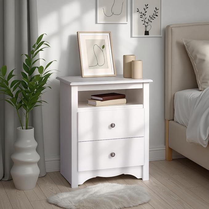 Prepac Sonoma 2 Drawer Nightstand: Elegant Bedroom Furniture, Bedside Table with Open Shelf, 23.25"W x 16"D x 28"H, White