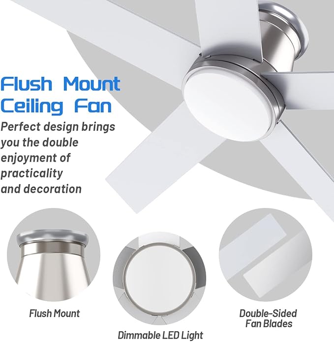wurzee 60 inch Flush Mount Ceiling Fan Brushed Nickel ceiling fans with lights 6 Speeds DC Reversible Motor, Timing, Dimmable, 5 Blades for Bedroom,Living Room Dining Room Patio