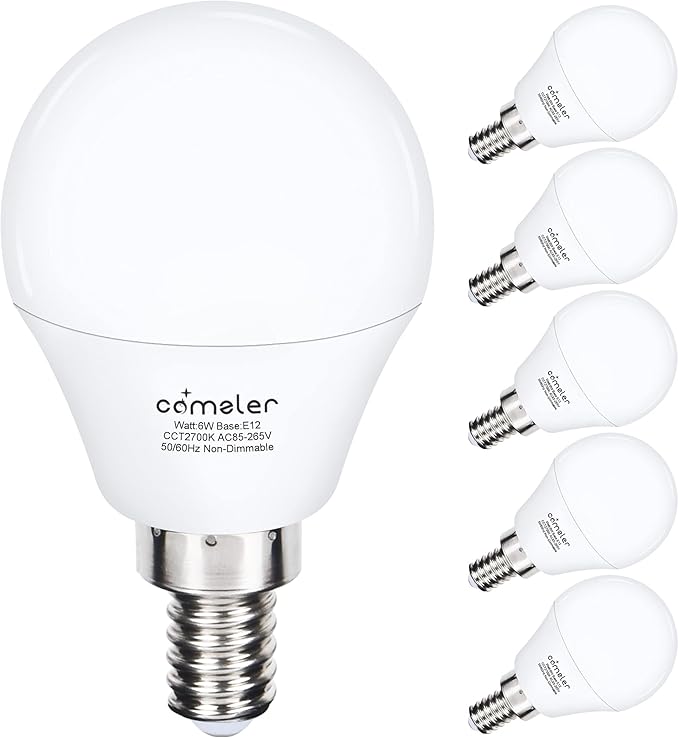 comzler A15 LED Bulbs 60W Equivalent, Warm White 2700K,E12 Small Base LED Round Light Bulb for Ceiling Fan, No Dimmable，Pack of 6