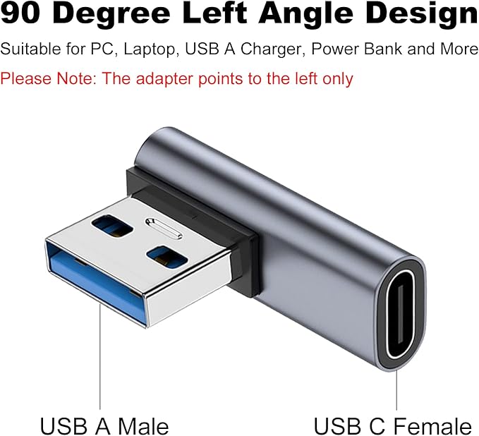 AreMe 90 Degree USB C Female to USB Male Adapter 2 Pack, Left Angle Type C to USB A Charger Converter for iPhone, Apple iWatch Watch, Airpods, iPad Air Mini and More