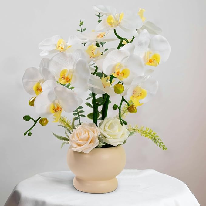 LESING Artificial Orchid Flower with Vase, White Orchid Bonsai Faux Orchid Phalaenopsis Plant Pot Arrangements for Home Decoration (White,Beige Vase)