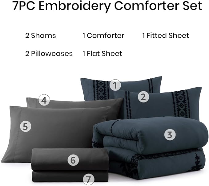 MaiRêve Embroidery King Size Comforter Set Blue Grey, Boho Farmhouse Western Bedding Set 7 Pieces, All Season Bed in A Bag Comforter Set with Sheets, Pillowcases & Shams