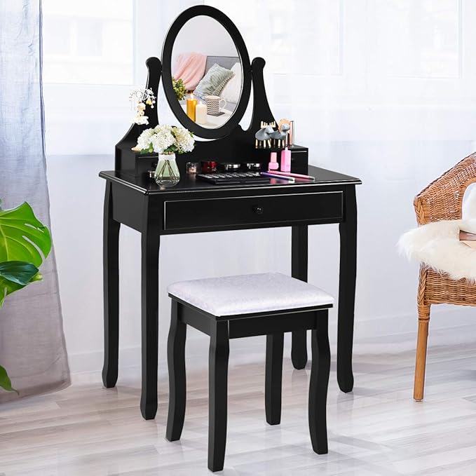 Giantex Vanity Set with Oval Mirror and Cushioned Stool, Makeup Dressing Table with 3 Drawers, Modern Bathroom Bedroom Makeup Organizer Vanity Table for Women Girls Gifts (Black)