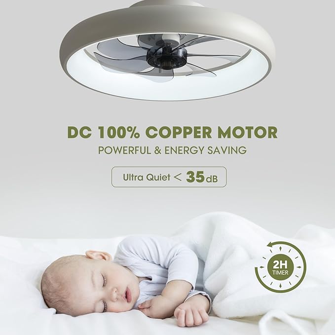 Ceiling Fans with Lights and Remote, 20'' Low Profile Flush Mount, 6 Wind Speeds, Modern Dimmable LED Ceiling Fan, Smart Ceiling Fan for Bedroom, Kids Room (White)