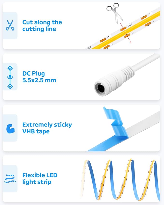 Aclorol COB Led Strip Light 12V 16.4ft Led Strip Lights 3000K Warm White 1600Leds CRI85+ Flexible LED Tape Lighting for Bedroom TV Party Home Indoor Decor(Power Supply&LED Dimmer Not Included)