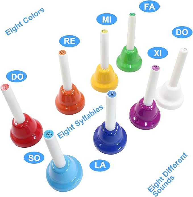 Murtenze 8Pcs Diatonic Colorful Metal Handbells Set, 8 Note Musical Bells for Holiday Birthday Gift Musical Teaching(11cm x 5cm)