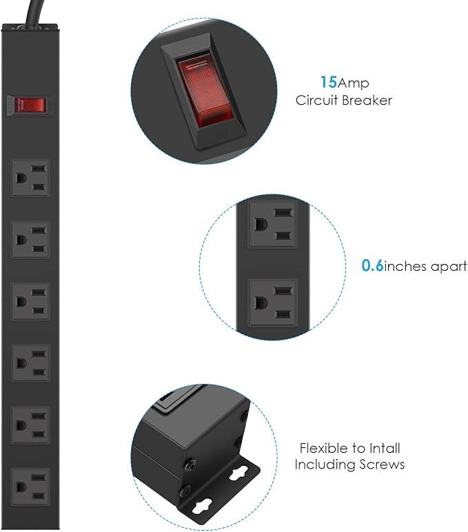 2Pack Metal Wall Mount Power Strip, Mountable Power Outlet with 6 AC Outlets, Aluminum Alloy Mount Power Socket with Switch, 15 FT SJT 3/C 14AWG Power Cord, 15A 125V 1875W (6AC)