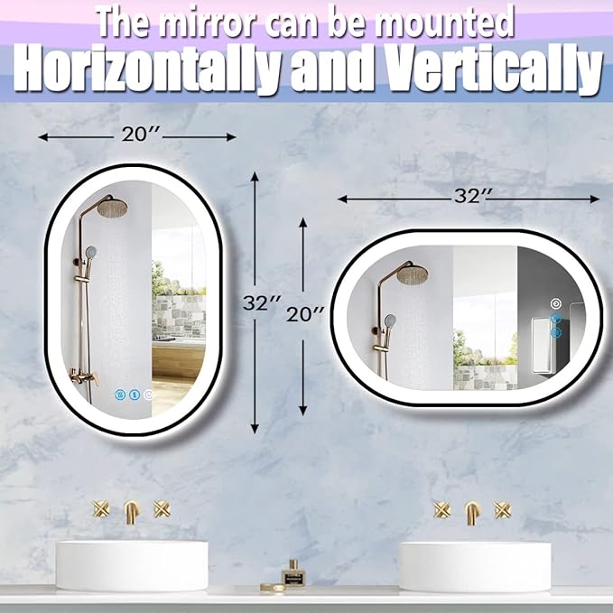 32 x 20 Inch Black Oval LED Mirror for Bathroom Salon Wall Horizontal/Vertical Mounted 32 Inch Black Frame Oval Lighted Mirror with Lights Smart Memory 3 Color Dimmable Front Lights Antifog