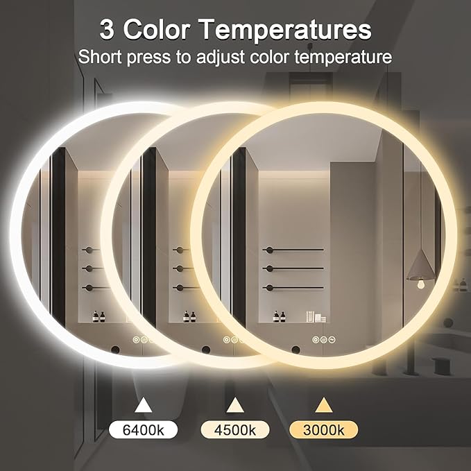 Wall-Mounted LED Round Bathroom Mirror, Makeup Mirror (36inches x36 inches,) 3 Color Stepless Dimmable Memory Bathroom Vanity Mirror with Lights CRI90+ 3000-6400K Smart Mirror with Touch