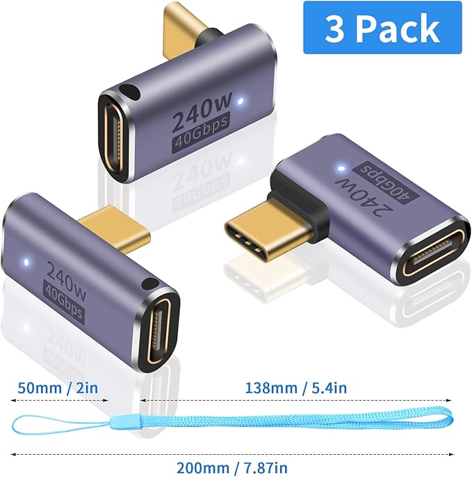 Duttek USB C 90 Degree Adapter [40Gbps, 240W Fast Charging and 8K Video ] USB C Angle Adapter Support Thunderbolt 4/3 Cable for Laptop, Tablet and Phones (3 Pack)