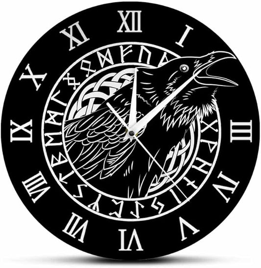 Geek Alerts Cawing Black Crow with Roman Numerals Silent Wall Clock 12inch Viking Odin Raven with Scandinavian Runes Battery Operated Quartz Watch
