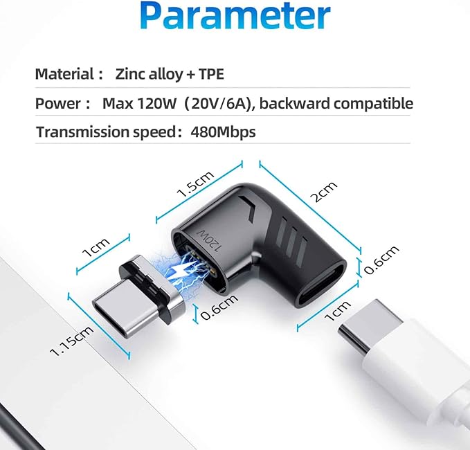 USB C Magnetic Adapter (2Packs, Black&White), USB2.0 Type C Right Angle Connector with PD 120W Charge and 480Mbps Data Transfer, Compatible for MacBook Pro/Air iPad Pro and More USB C Devices
