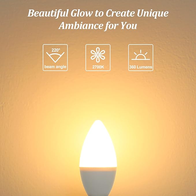 Brightever E12 LED Candelabra 40 Watt Equivalent Light Bulbs, 4W Warm White 2700K Ceiling Fan Bulbs, Chandelier Candle Lights for Wall Lanterns, Pendant Lights, Non-Dimmable, 6-Pack