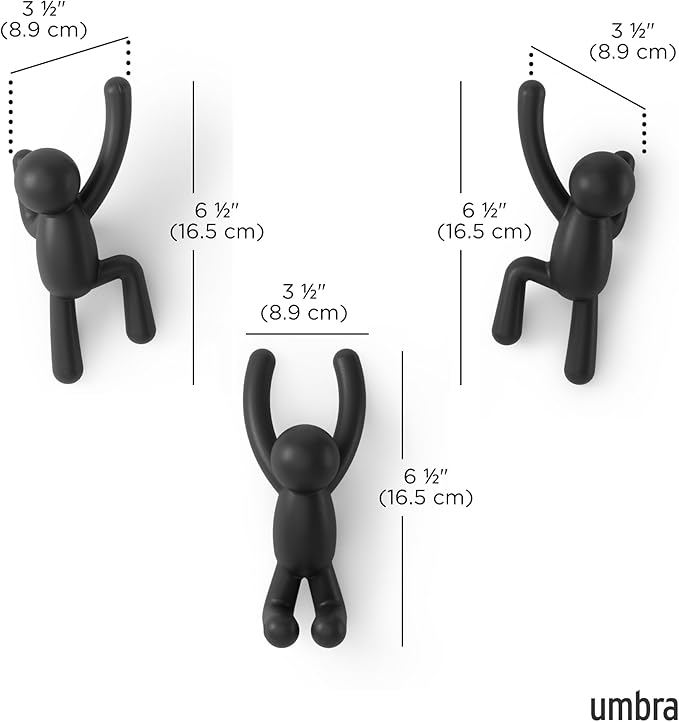 Umbra Buddy Wall Hooks – Decorative Wall Mounted Coat Hooks for Hanging Coats, Scarves, Bags, Purses, Backpacks, Towels and More, Set of 3, Black
