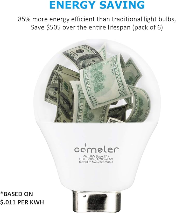 comzler Ceiling Fan Light Bulbs Candelabra LED Bulbs - 60 watt Equivalent, 5000K Daylight White Candelabra E12 Base A15 Small Light Bulbs,600lm,Non-Dimmable, Pack of 6